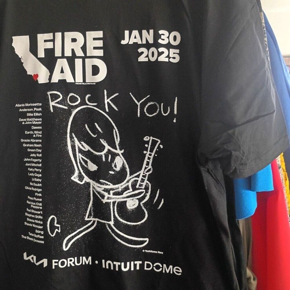 Fire aid 2025 yoshimoto Nara art graphic 2 sided tee black cotton size xl X-larg - Picture 6 of 6